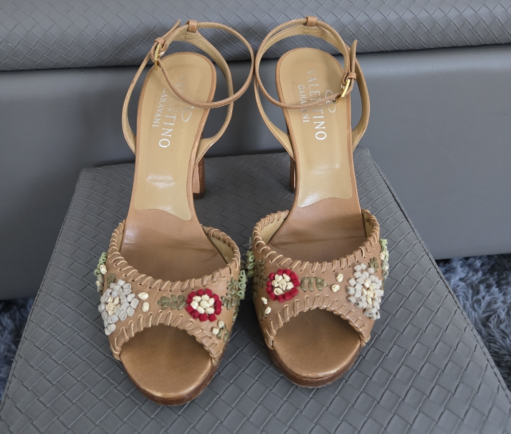 Valentino Tan and Red Heels with Ankle Straps